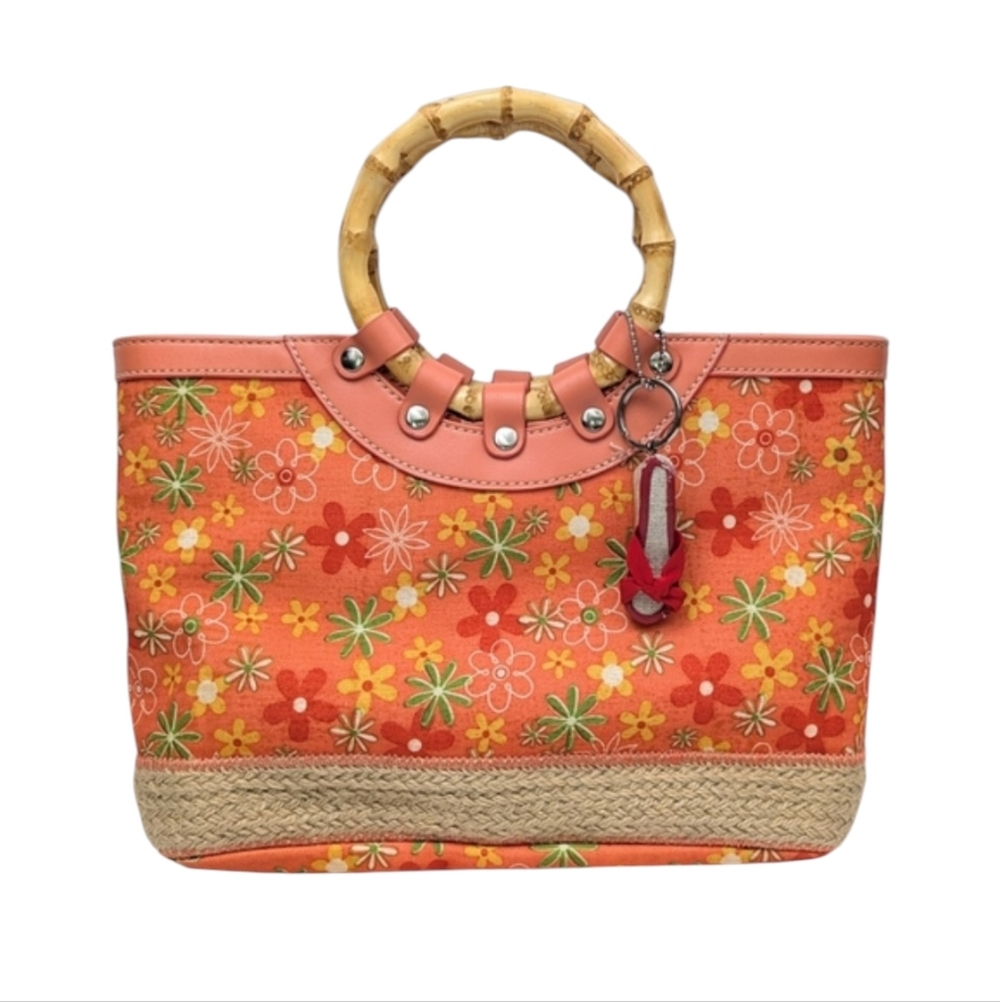 CL America Floral Canvas Tote Bag Faux Bamboo Handles Jute Beachy Coastal Coral